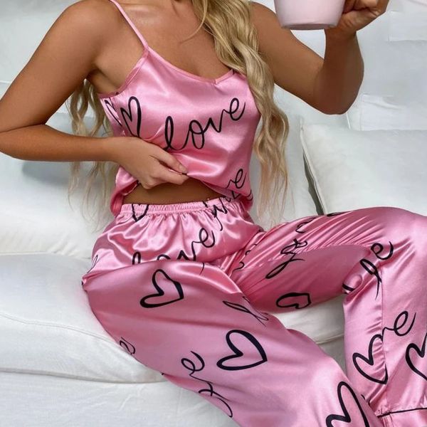 Kadınlar Seksi Satin Pijamas Set iç çamaşırı Slaitwear İpek Saitn Nightwear Sleeless Pijamalar Evde Giyim Pijama Femme Pijama 240410