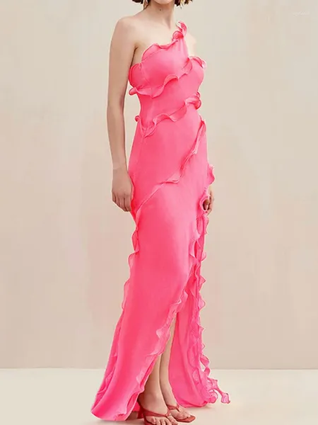 Abiti casual Ruffles Pinks Sexy Hollow Out Elegant Long Women 2024 Summer One Shole Side Party Prom Birthday Birthday Eveing Dress