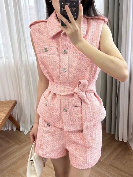 Tweed Plaid Set Women Women sem mangas Turndown Collar Casar Casas de colete ou traje de shorts para feminino 240419