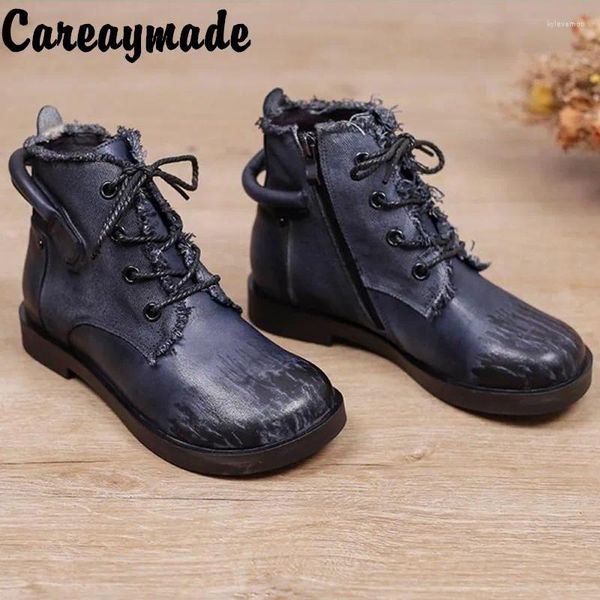 Botas CareAyyyade-Genuine Casual Casual Cabeça Retropul Mulheres curtas de colorido Madeiras Velhas coreanas