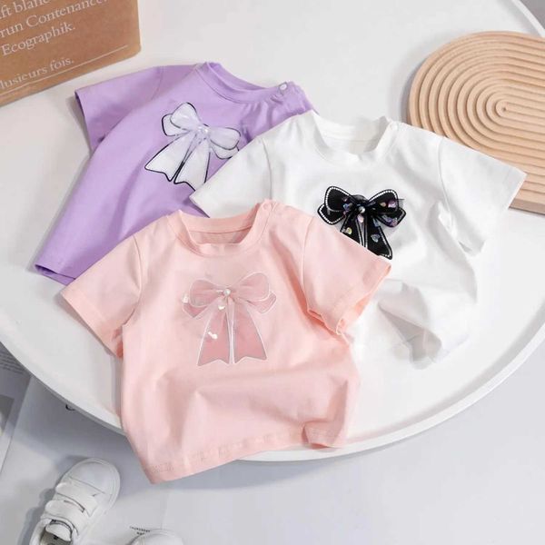 T-shirts Girls Summer Short Short Candy Color Simple Bow Childrens Sweet T-shirt H240423