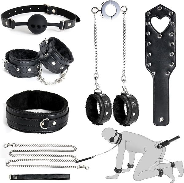 Kit BDSM Set Restendies Set di schiavitù - Muovi di giocattoli per sesso coppie stravaganti, 7 pezzi Accessori per ingranaggi in pelle Accessori per testicoli Strega barella gag collare