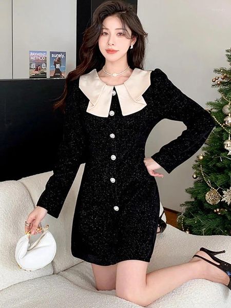 Vestidos casuais mulheres moda moda colar de boneca chique mini vestido outono inverno grosso e quente festival 2024 festa de luxo coreana noite