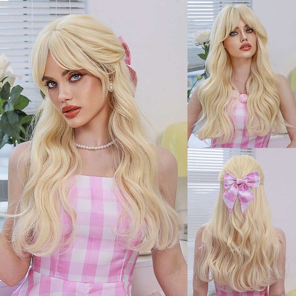 menschliche lockige Perücken heiß verkauft Barbie Gold Perücke Langes lockiges Haar hochwertiges Synthetikfaser-Perücken Cosplay Barbie Perücke