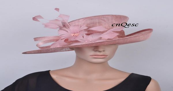 2020 Новая румяна розовая шляпа Sinamay Formal Dress Hat Hat Hate Hat с перьевым цветом для Kentucky Derbywedding1391358