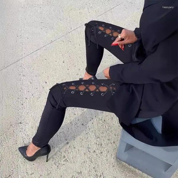 Kadın Pantolon Tasarımı Bağımsızlık 2024 İlkbahar Yaz Giyim Siyah Panel Dantel See-Through Sıradan Pantolon