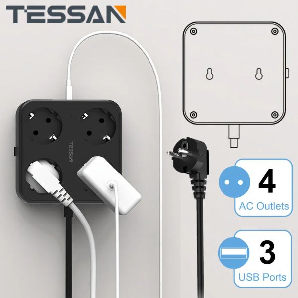 Aparelhos Tessan Stocking Power Strip With Switch 4 AC Oncetes 3 portas USB Soquete de energia montável de parede de 2m para o escritório em casa