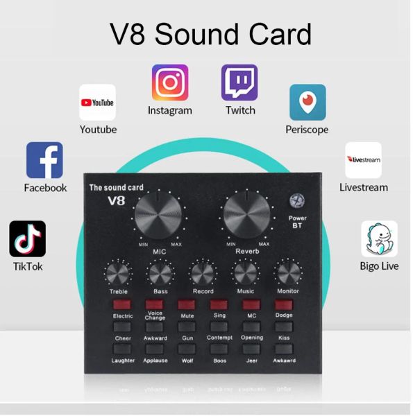 Equipamento V8 V8S Mixer de áudio USB Headset externo Microfone Webcast Cartão de som de transmissão ao vivo para o computador