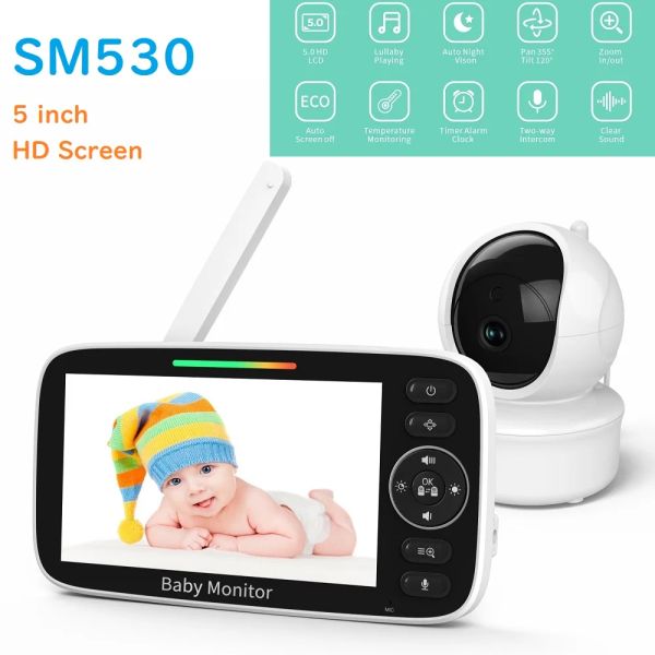 Мониторы SM530 5 -дюймовый HD Baby Monitor IPS Split Screen 4000mah Батарея видео Zoom Night Vision Camera and Audio с колыбельными пультами PTZ