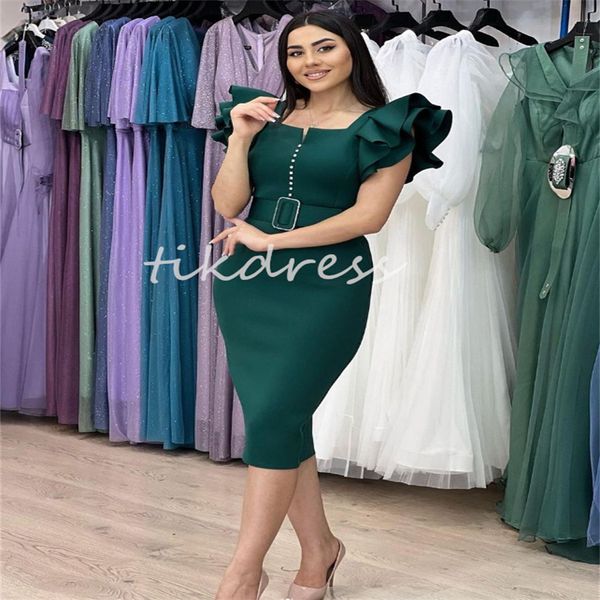 Dunkelgrüne knielange Abendkleider 2024 Mütze Ärmelscheide Urlaub Midi Prom Kleid elegante Satin Kurzes Cocktailkleid für Abendessen Besondere Anlässe Tragen Sie Vestio Gala