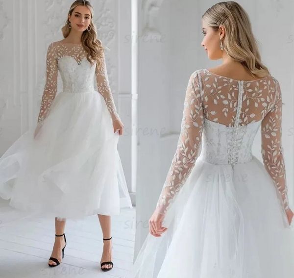 Kurzes Hochzeitskleid weiße A-Linie O-Neck Langarm Spitze Applikat Tüll Illusion Rücken Brautpartykleid Tee Länge Vestidos de Novia