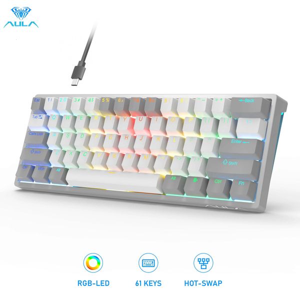 AULA RGB 60 % do teclado mecânico de jogos com fio Mini compactos teclados USB Swappable com interruptores marrons para laptop PC 240419