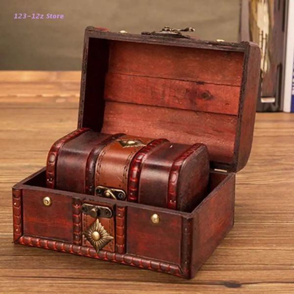 Mülleimer Retro Elegante hölzerne Piratenschmuck Aufbewahrungsbox mit Schloss Vintage Treasure Chest für Holzorganisator Home Dekoration