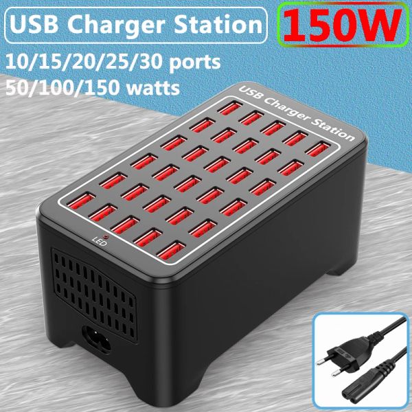 Hubs Caricatore USB 10 15 20 25 30 Porte Hub 150W Dock di ricarica rapida a parete universale per l'adattatore di alimentazione del telefono cellulare