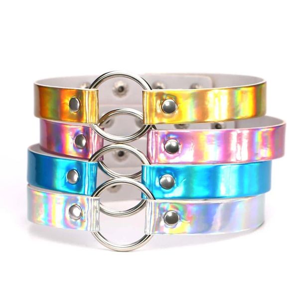 Halsketten gotische Neonfarbe Lederkragen Punk Silber Color Circle Laser Halshalskette für Frauen Vintage Ladies Juwely