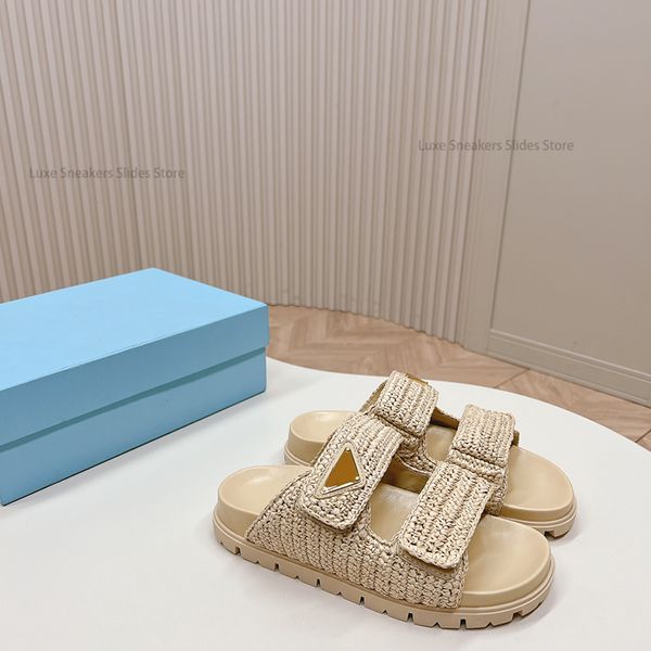 Платформа плетеные летние тапочки Raffia Slide Open Toe Holiday Sandals Casual Firgature Triangle Shoes ЖЕНСКАЯ