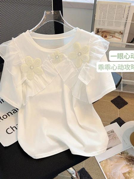 Kadın Tişörtleri Kadın Çiçek Tırnak Boncuk Durum Yuvarlak Boyun Gevşek Kısa Kol Y2K T-Shirts Üst Bayanlar Tatlı Kore Kız Yaz 2024
