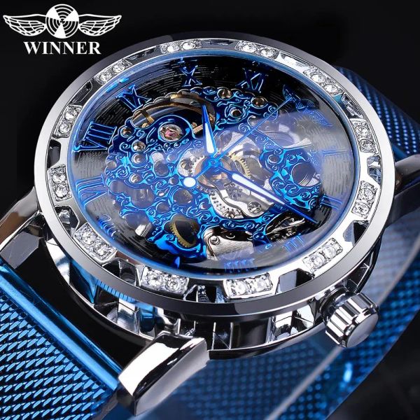 Watchs Winner Fashion Diamond Display da uomo Orologio da uomo Blue Steel Classic Royal Gear Movement Skeleton Meccanical Skeleton Watch