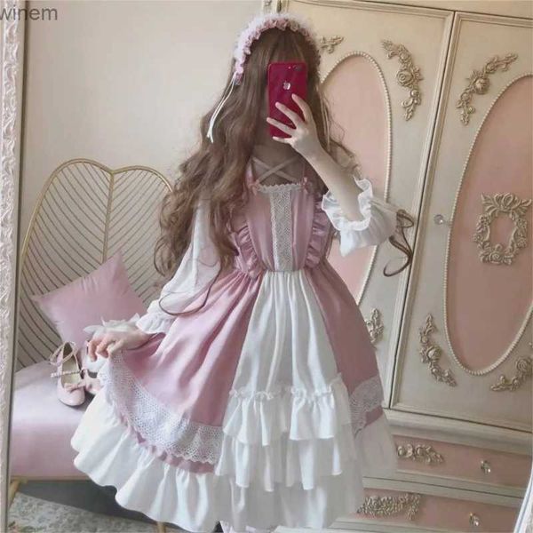 Temel gündelik elbiseler Alice harikalarda sevimli kadınlar lolita op elbise flouning dantel trim japon harajuku uzun kollu bebek genç elbise peri vestidosl2404