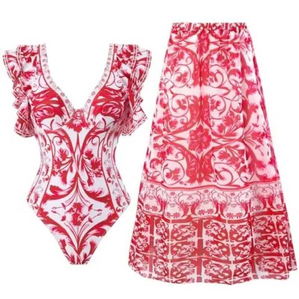 Swim Wear Женская купальная костюма с пляжным покрытием юбка с обертыванием саронг ретро -цветочный принт набор бикини два купания 240423