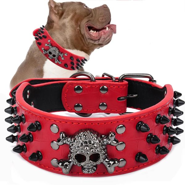 Collar per cani in pelle con borchie con cranio con cranio collari per cani di grandi dimensioni con cinghia di antibite regolabile con bulldog Collari al guinzaglio Accessori al guinzaglio