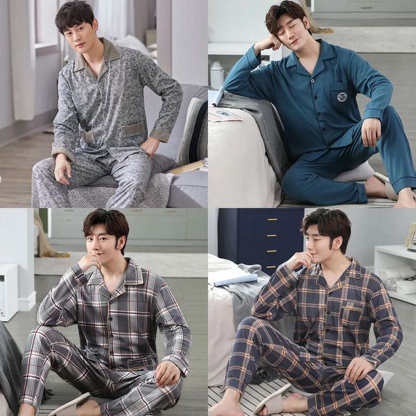 Algodão 100% pijama para homens xadrez outono de inverno sono pamas pijamas Conjunto 3xl Casual listrado roupas caseiras de roupas caseiras 220426