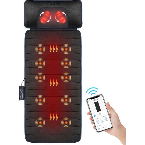 Tapete de massagem corporal mais confortável com 10 motores vibratórios, controle de aplicativos, travesseiro de massagem no pescoço Shiatsu e 4 almofadas de aquecimento - pescoço final, ombros e massageador traseiro