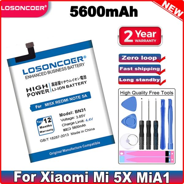 Batterie Losoncoer 5600Mah BN31 Batteria per Xiaomi Mi 5x Mi5x / Redmi Note 5A 5A Pro Batterie per Xiaomi Mi A1 / Redmi Y1 Lite