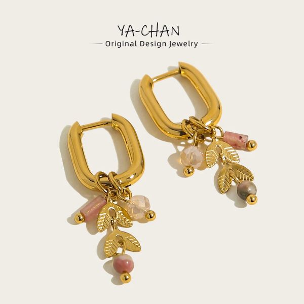Orecchini Yachan Nuovi in orecchini a cerchio in acciaio inossidabile oro in oro 18k per donne simpatiche ciondoli in pietra naturale rosa
