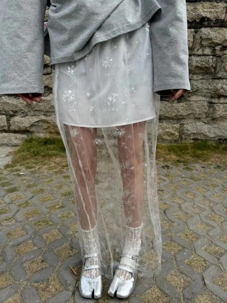 Юбки Deeptown Смотрите через длинную юбку Женщины белая корея мода высокая талия A-Line Sequin кружев