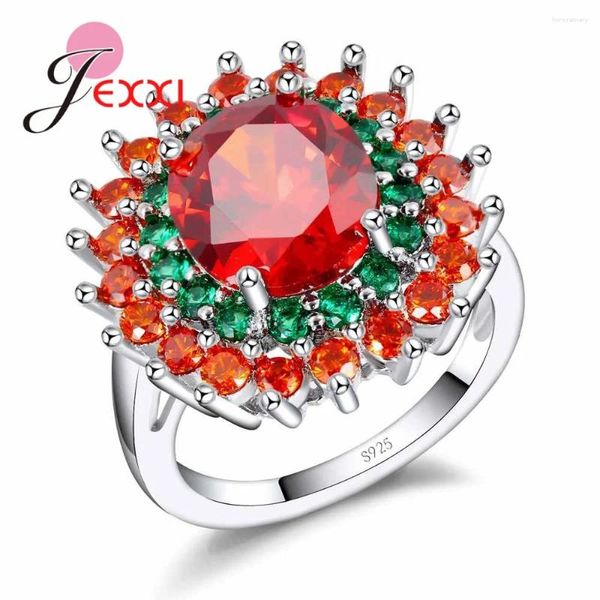 Clusterringe Luxus großer orange -grünes Kristallring für Frauen hübsch Blüte Schmuck 925 Sterling Silber Blumenjuwelenfinger