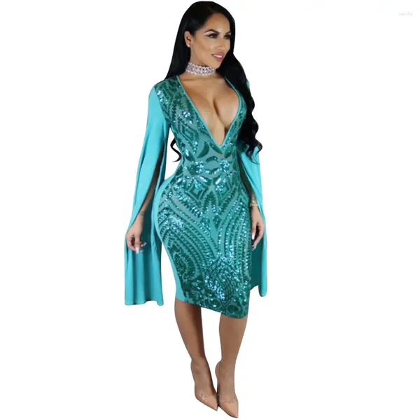 Lässige Kleider sexy Clubkleid 2024 Herbst Frauen Langarm Cloak Cape Bodycon Pequin Blue Deep V Hals Party Pailletten Pailletten