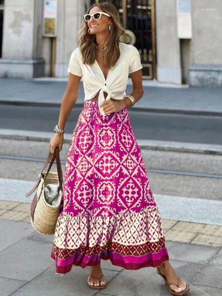Etekler geometrik baskı vintage a-line maxi yaz etek bel elastik uzun gündelik kadınlar faldas mujer bahar boho plaj