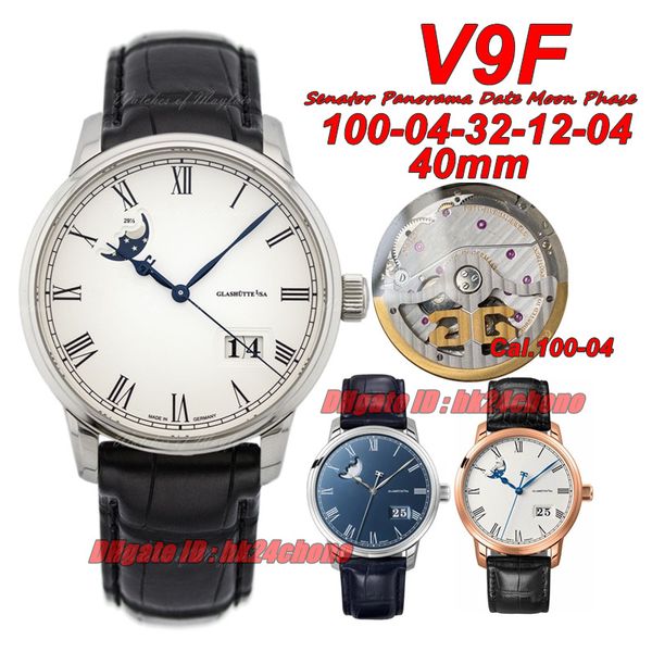 V9f orologi di lusso V9 100-04-05-12-01 Senatore Panorama Data Moon Fase Mens Automatico Orologio Sapphire White Dialtura White Leather Cingence Gents Orfacciali da polso