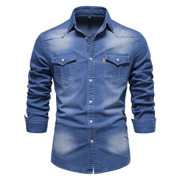 Дизайнерская джинсовая рубашка Мужчина повседневная сплошная черная темно-синий синий маленький мужчина рубашка с длинным рукавом весна осень летняя уличная одежда S-3XL