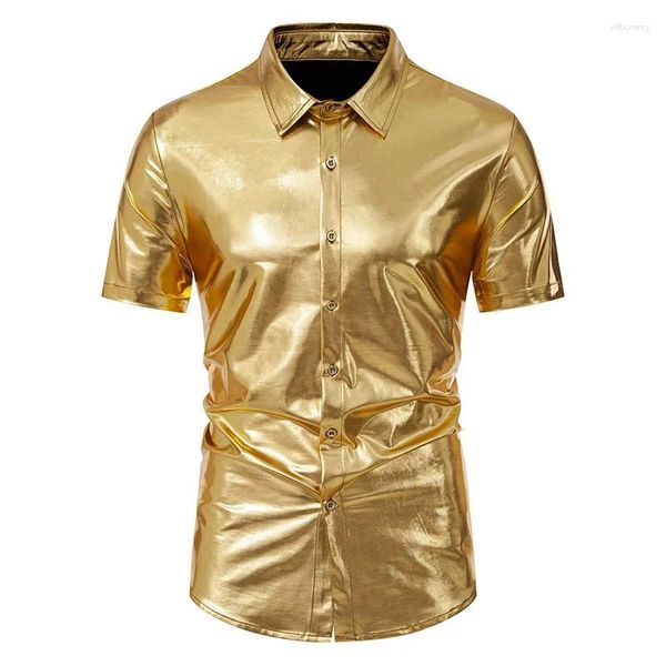 Erkekler Elbise Gömlek Erkek Altın Parlak Metalik 70'ler Disko Yaz Kısa Kollu Gece Kulübü Giyim