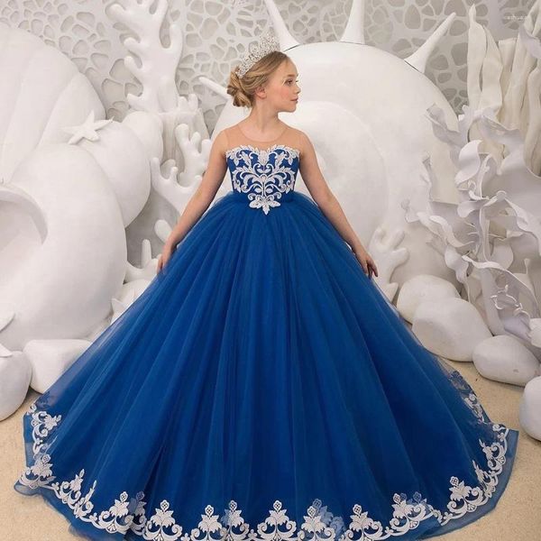 Vestidos de menina Princesa Jówe Flor Tulle Ball vestido Primeiro vestido de comunhão Bordado azul infantil aniversário