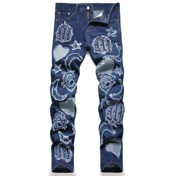 Autumn bordado masculino bordado jeans clássico meio -cano de jeans slim calça lápis Hip Hop rasgar roupas de moda 240418