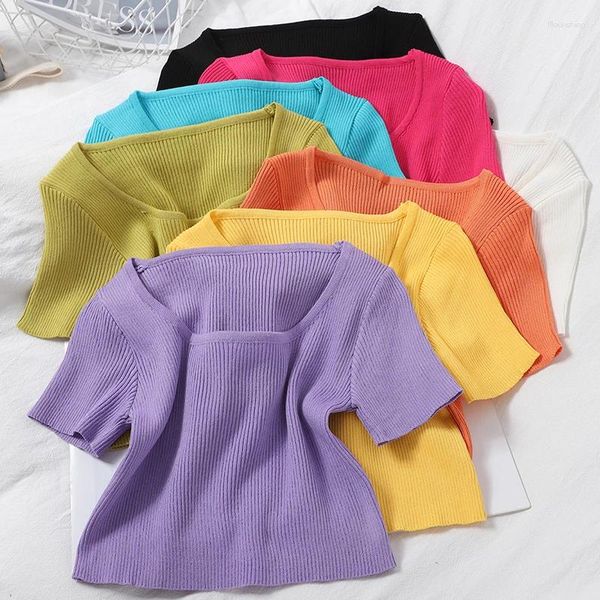 Magliette da donna oumea a costolette maglia a maglia estate manica corta a maglia a maglia top corto quadrata colore caramelle solido colore semplice maglietta in stile coreano