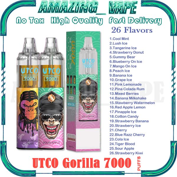 UTCO GORILLA ORIGINAL 7000 PUFFS VAPE DISPOSTÍVEL 26 SABORES 14ML DESPRESSO PRESECLADO 850MAH TIPO C RECHARGELECIMENTE BATHTENGEM 1.0 Bobina de malha 7K e cigarros