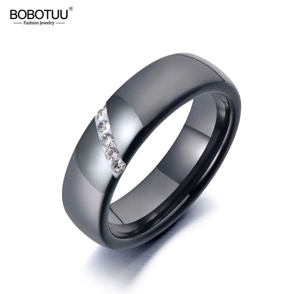 Группы Bobotuu Модный черный керамический хрустальный обручальный кольцо для женщин для женщин из нержавеющей стали обручальное кольцо с глиняной сталью BR19069