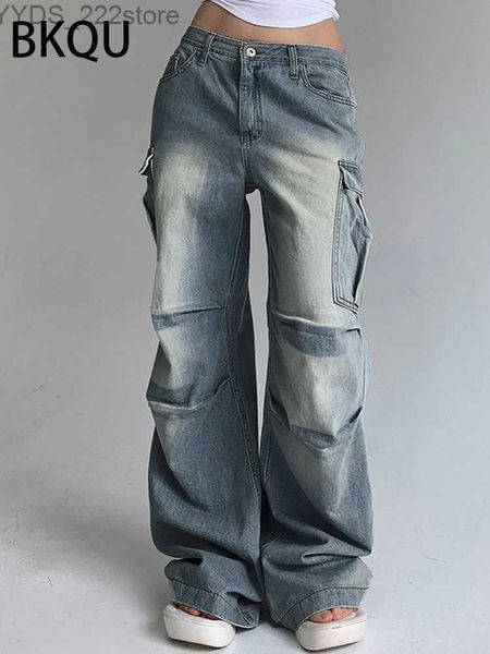 Jeans femminile bkqu 2023 pantaloni da carico a gamba larga tascabile womens casual tasca extra grande bassa vita dritta jeans strade indossando pantaloni da jogger hippy yq240423