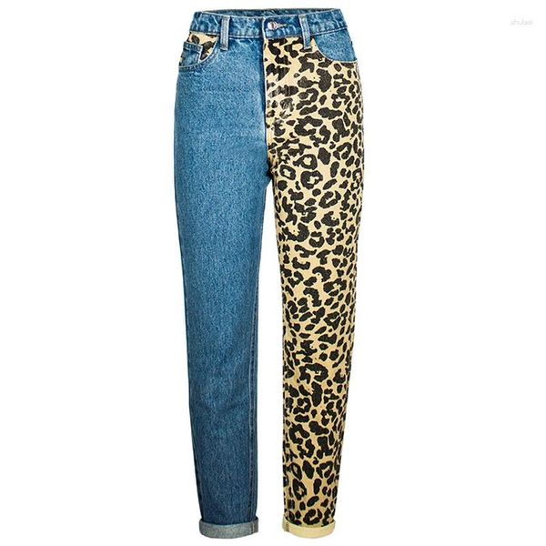 Frauen Jeans heterosexuelle Frauen Slouchy Leopard Print Denim Hosen Farbblock Trendy ästhetische Hose Freund übergroß 3xl 4xl Palazzo