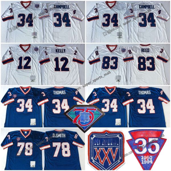 Football di ritorno al passato 34 Thurman Thomas 1986 Maglie da calcio 12 Jim Kelly 78 Bruce Smith 83 Andre Reed Cucited Jersey Men S-XXXL