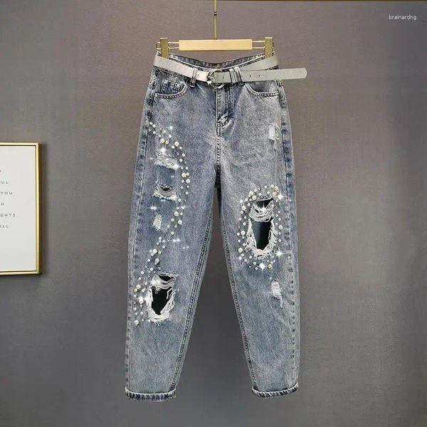Frauen Jeans Nagelte Perlen und perforierte Mode 2024 Sommer hohe Taille Lose entspannte Hosen