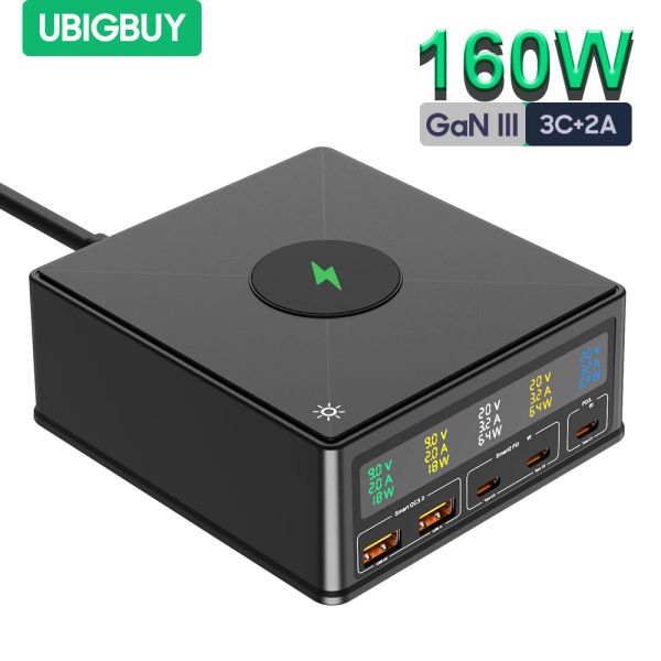 Hubs Ubigbuy 160W USB C Gan Charger 5Ports PD3.0 Stazione di ricarica rapida Desktop Wireless Adattatore di alimentazione USBC con display digitale