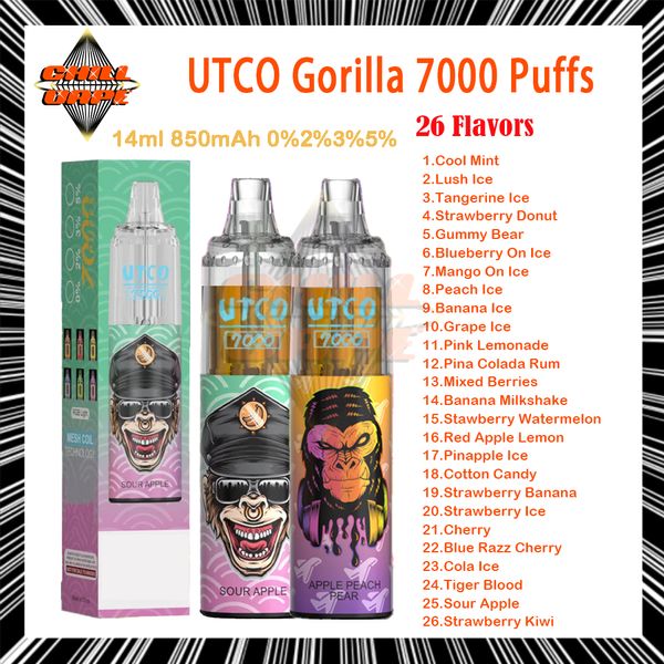 UTCO GORILLA ORIGINAL 7000 PUFFS VAPE DISPOSTÍVEL 26 SABORES 14ML DESPRESSO PRESECLADO 850MAH TIPO C RECHARGELECIMENTE BATHTENGEM 1.0 Bobina de malha 7K e cigarros