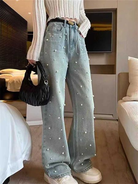 Frauen Jeans Damen Perlen Dekoration Design Blue Jeans mit Standardtemperaturboden junges Mädchen Casual Mens High Tailled gerade Hosen Y240422