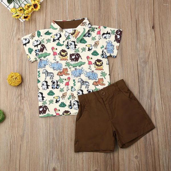 Set di abbigliamento set da 1-5t per ragazzi casual di moda casual set flip collare con stampa animale elastico pantaloncini caffè verde