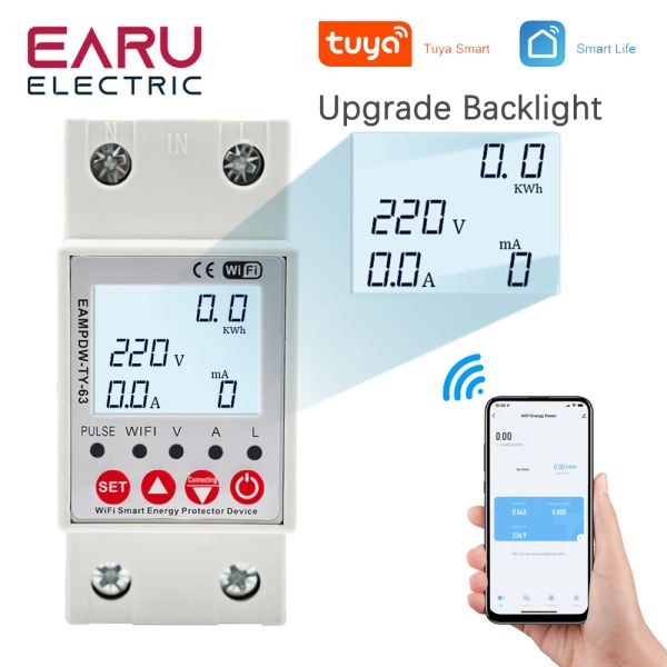 Controllo 2p 63A TUYA APP WiFi Smart Circuit Earth Perdita sopra sotto la protezione della tensione Interruttore Interruttore Interruttore Energia Potenza KWH METER KWH